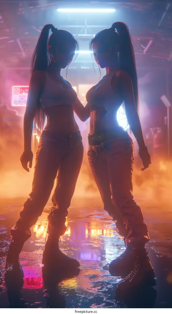 Two women standing in a dark alleyway.