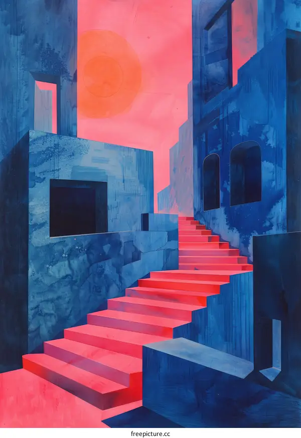 Vibrant City Illustration with Stairs and Sunset