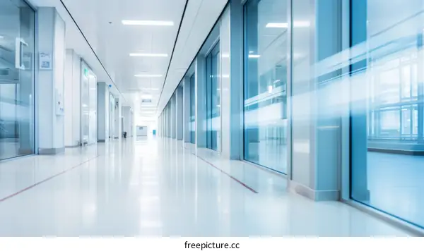 An empty hospital hallway with glass walls