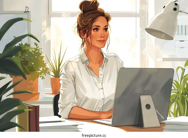 A woman is sitting at her desk, looking at her computer.