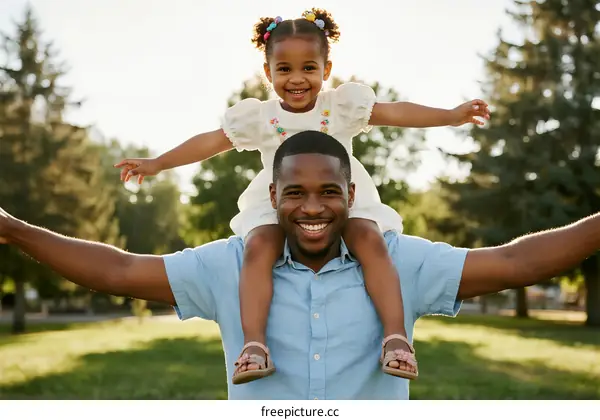 Father carrying daughter on shoulders enjoying outdoor time