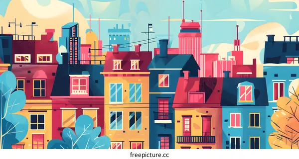 Colorful Cityscape Illustration with Rooftop View