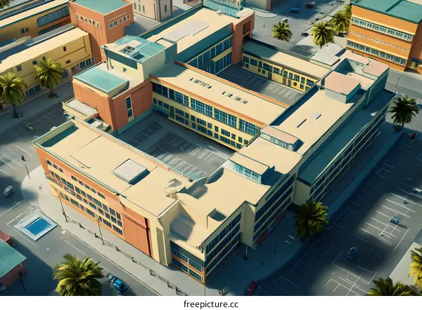 Aerial View of School Building with Palm Trees
