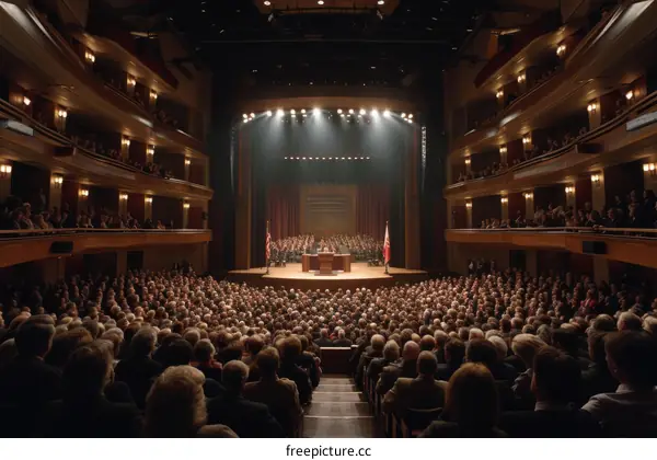 A large group of people are sitting in a theater watching a performance on stage