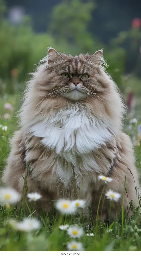 Majestic Fluffy Cat in a Field of Flowers