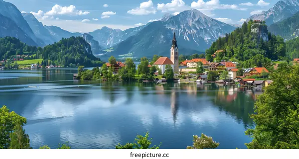 Scenic View of a Mountain Lake and Church