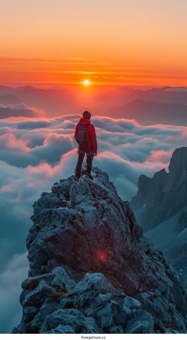 Man standing on a mountain peak looking at the sunset