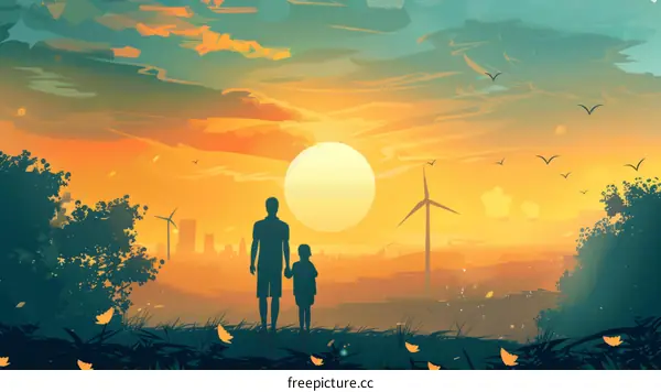 Father and daughter watching the sunset over the city