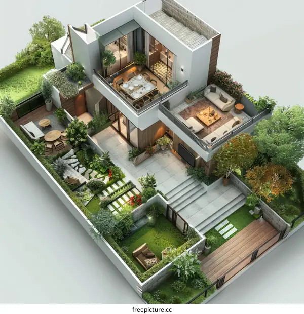 A modern two-story house with a lush garden and a crystal-clear pool