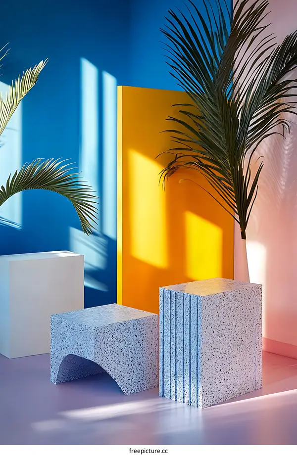 Abstract Minimalist Studio Photography Setup with Blue, Yellow and Pink Walls