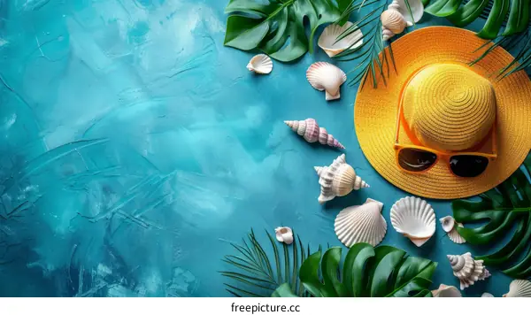 Beach accessories on blue background. Summer vacation concept.