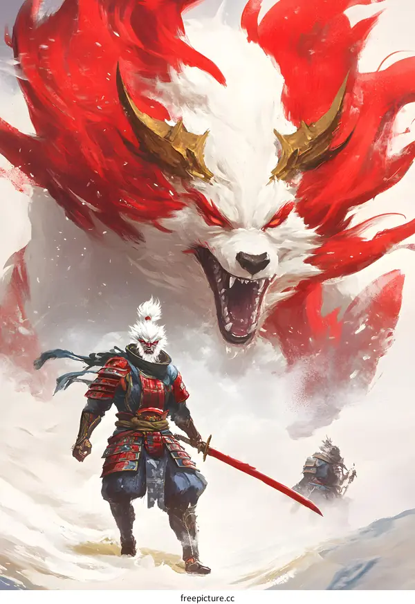 Samurai Warrior Facing Mythical Red and White Wolf