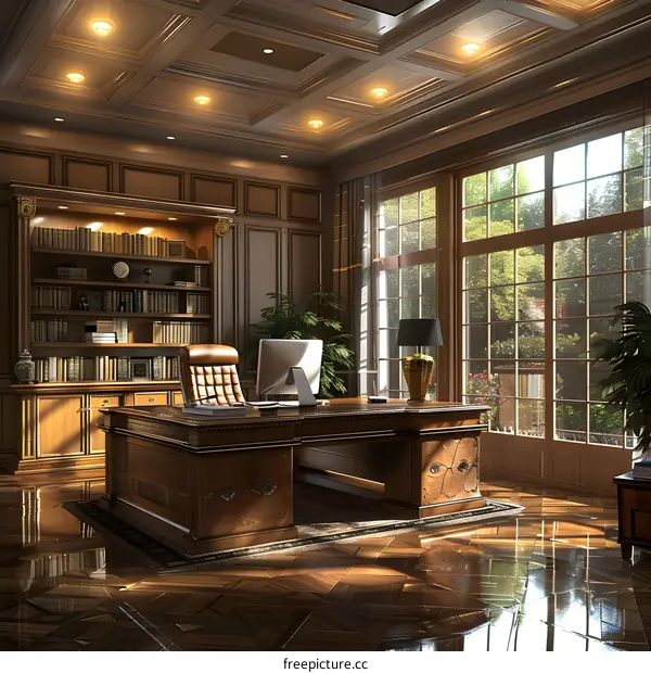Luxury home office interior with large windows and wooden furniture