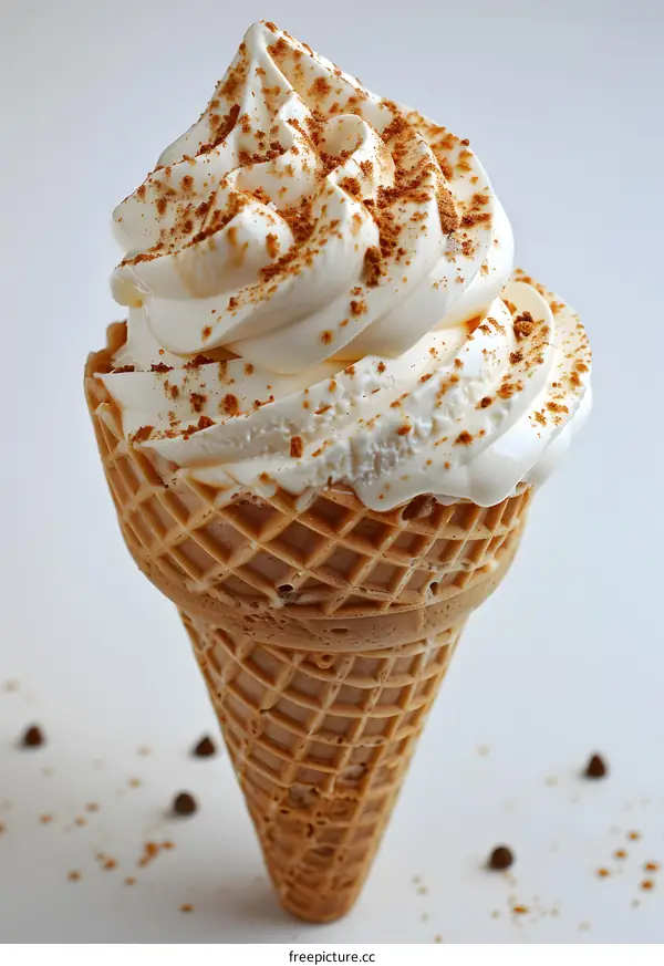 Close-up of a single-scoop ice cream cone with whipped cream and chocolate sprinkles