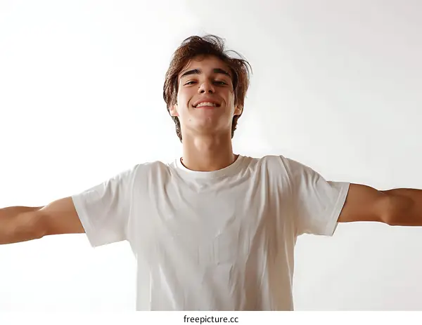 Young Man with Open Arms on White Background