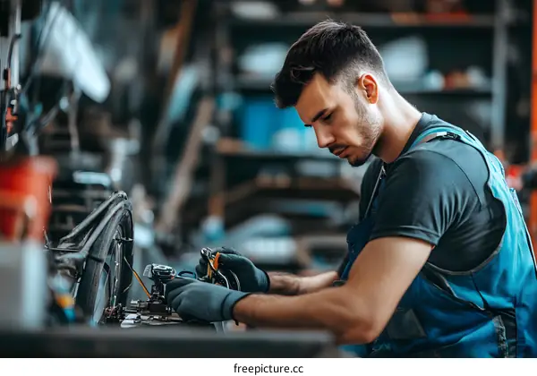 Caucasian Mechanic Working on Car in Garage