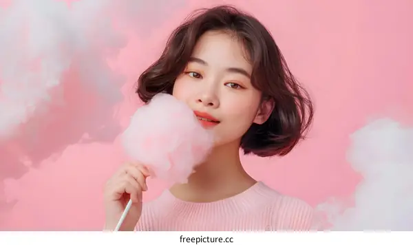 Young Asian Woman Holding Cotton Candy In Pink Background