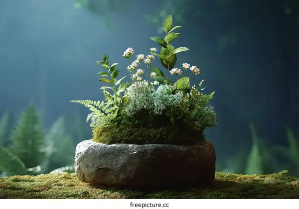 Nature scene with flowers and foliage in a stone pot