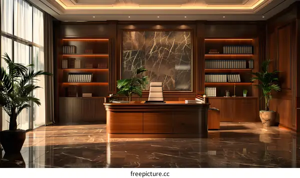 Luxury office interior with wooden desk and marble walls