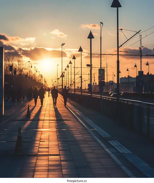 Silhouettes of People Walking on a City Street at Sunset