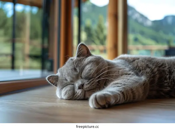 A gray cat is sleeping on the wooden floor in the house