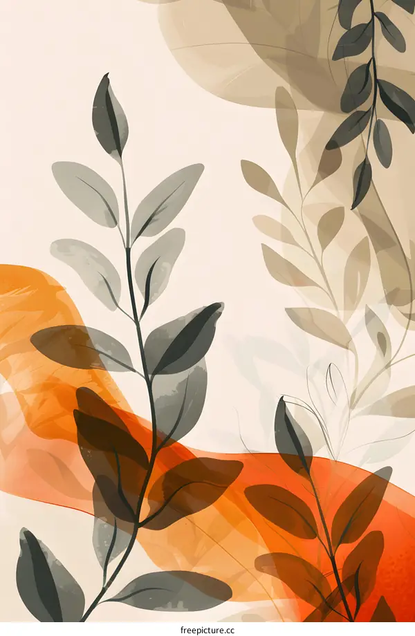 Abstract Watercolor Illustration With Leaves and Orange Waves