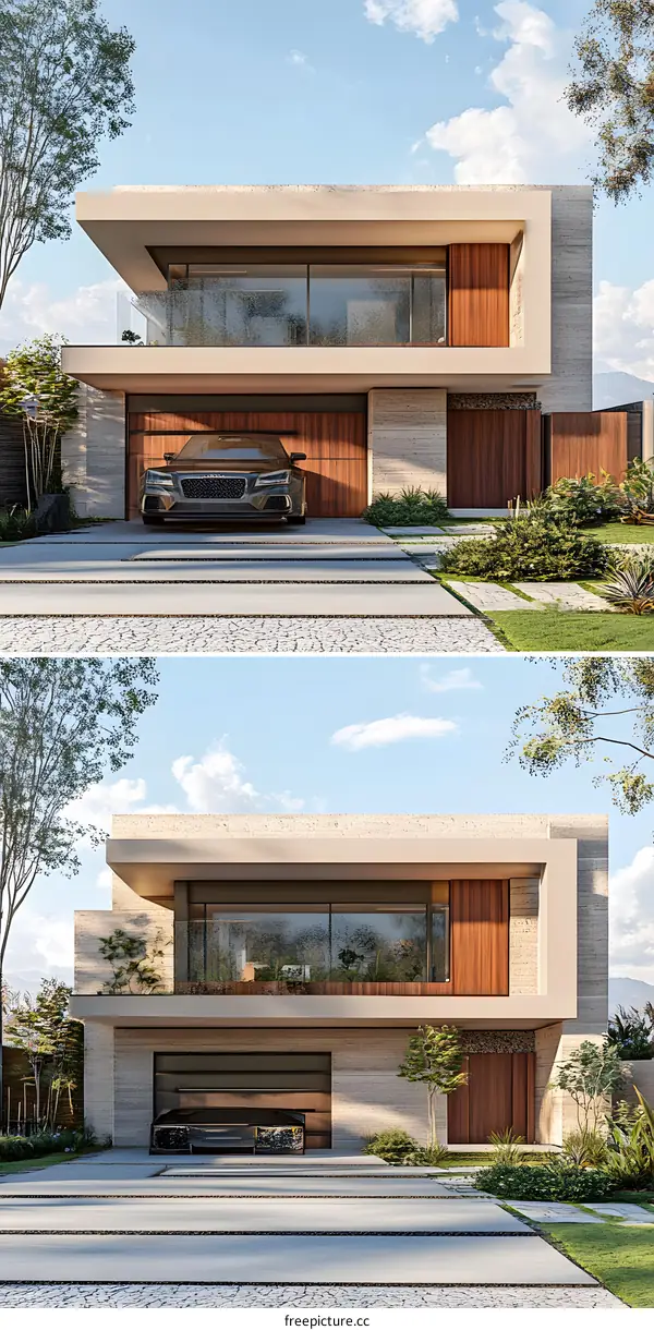 Modern Architecture Design Exterior with Wooden Garage Doors