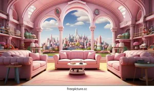 pink living room with view of fantasy city