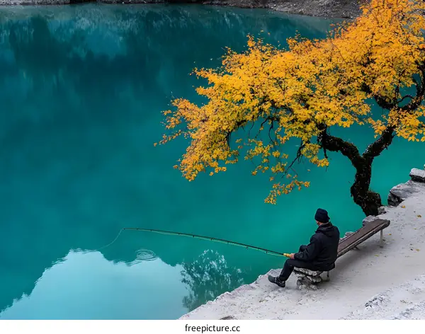 Man Fishing Under a Fall Tree by a Teal Lake