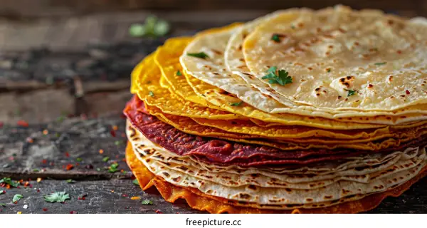 Colorful Stack of Tortillas on Wooden Table