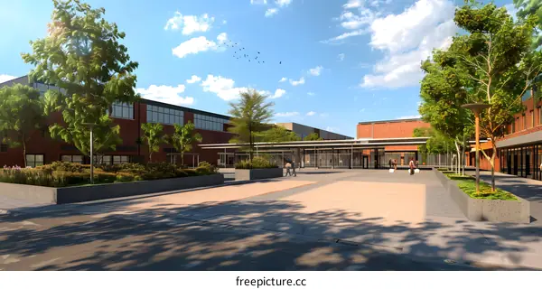 Modern School Building Architectural Design with Trees and People