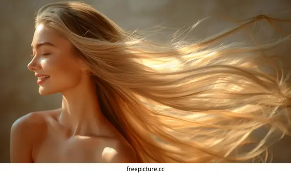 Young woman with long blond hair flowing in the wind