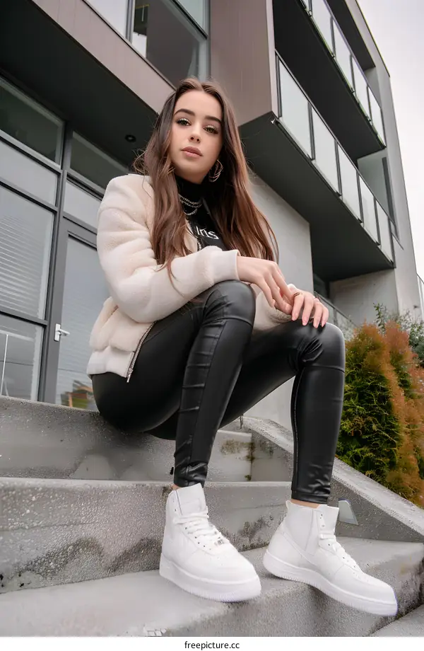 Young Woman Wearing White Sneakers Sitting on Stairs