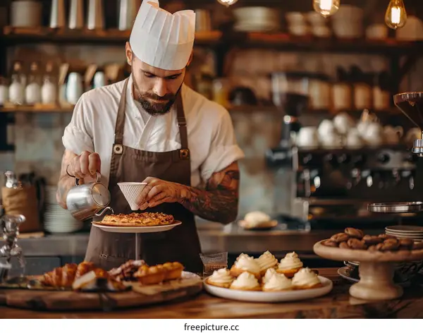 Bearded male chef carefully pouring syrup on a dessert
