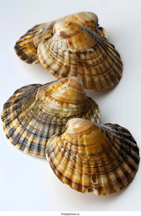 Four seashells on a white background
