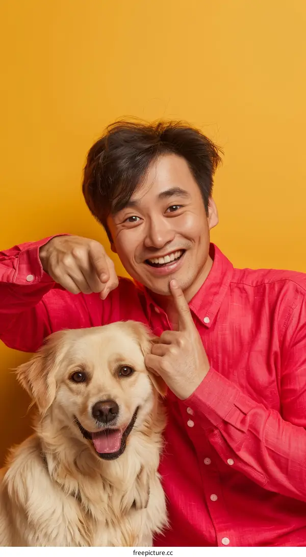 Asian man in red shirt with a dog