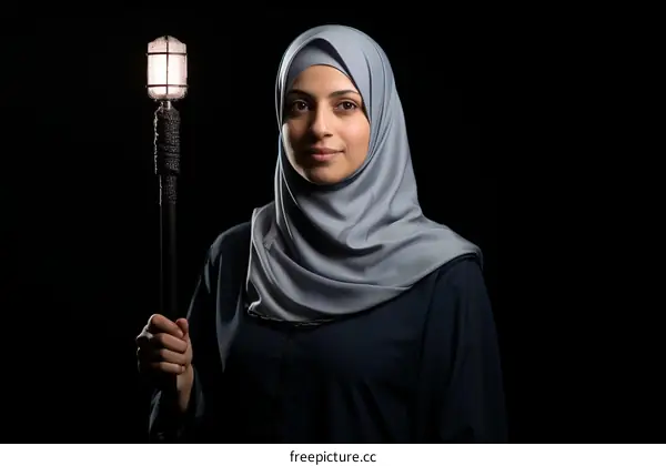 A young woman in a hijab holding a torch