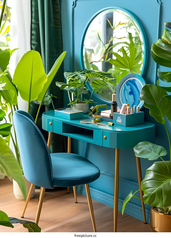 Teal Vanity Set with Gold Legs and Plants