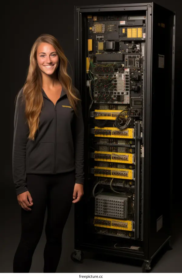 Young female engineer standing next to a large computer