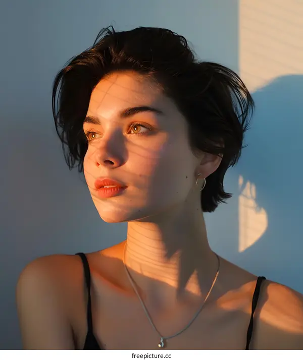 Portrait of a Woman with Short Hair and a Necklace in the Sunset Light