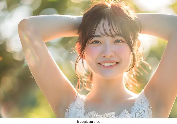A photo of a smiling Japanese woman in a white dress standing in a field of flowers