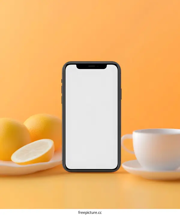 Blank Screen Smartphone On Tabletop With Lemons And Coffee Cup