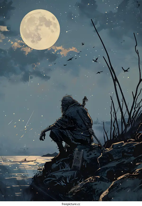 Man Sitting on a Cliff Under a Full Moon,  Looking at the Sea