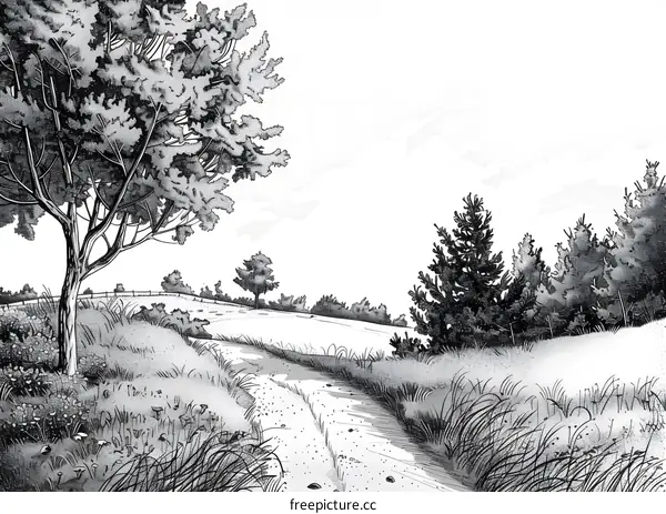 Black and White Landscape Illustration of a Path Through a Field