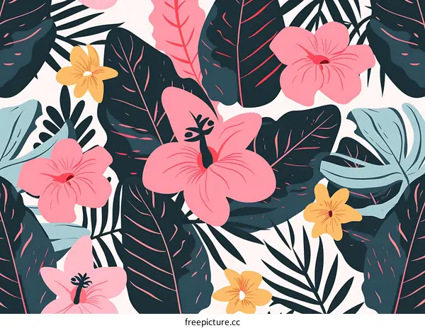 Tropical Seamless Pattern with Pink Flowers and Green Leaves