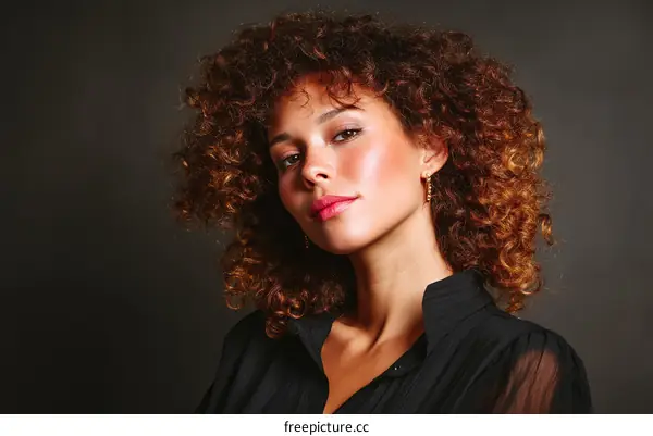 Portrait of young woman with curly hair in black shirt