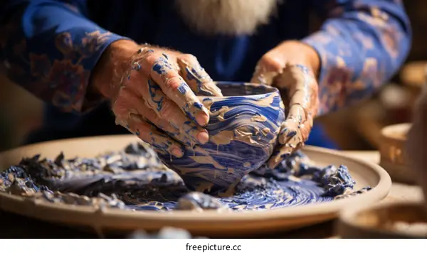 A potter shapes a bowl on a potter's wheel