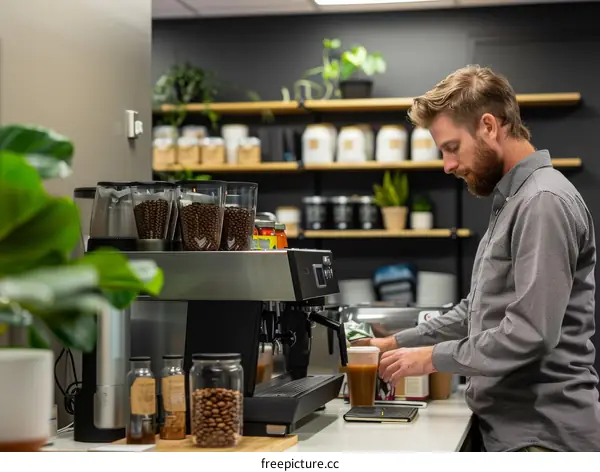 Male barista making coffee in a cafe