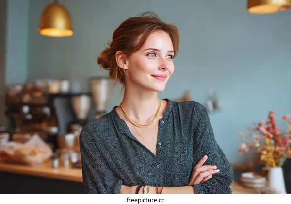 Smiling Woman in a Cafe Setting