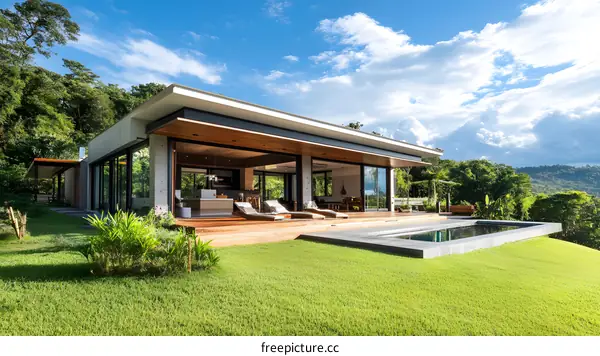 Modern Concrete House with Pool and Lush Greenery